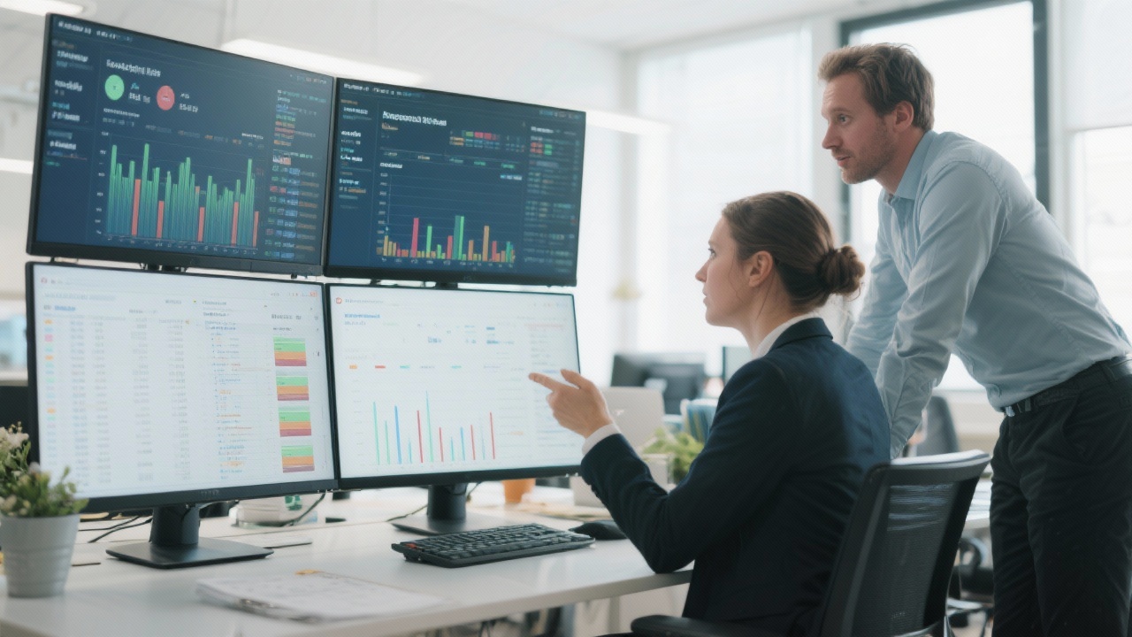 Strategic HR analyst reviewing extensive Dutch labour market datasets displayed on multiple monitors while discussing implications with a colleague in a bright workspace.