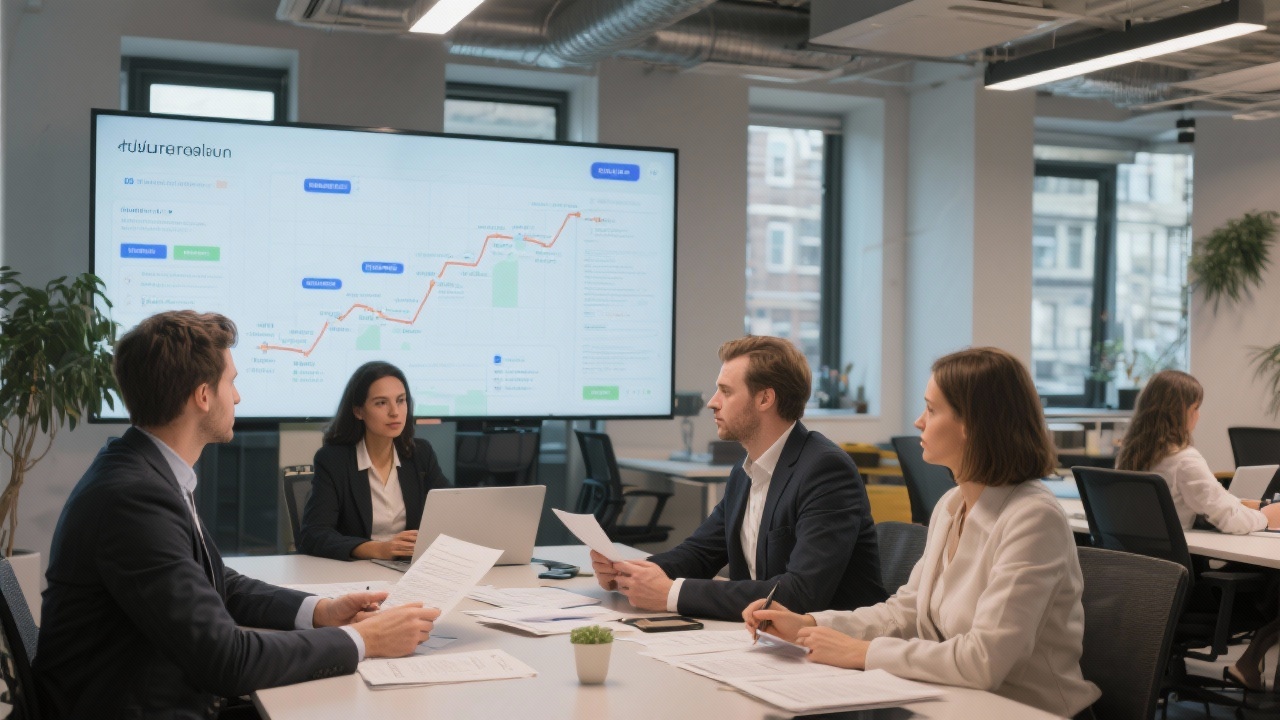 Modern shared office in Amsterdam where HR consultants and legal partners collaborate over policy documents and project roadmaps displayed on large screens.