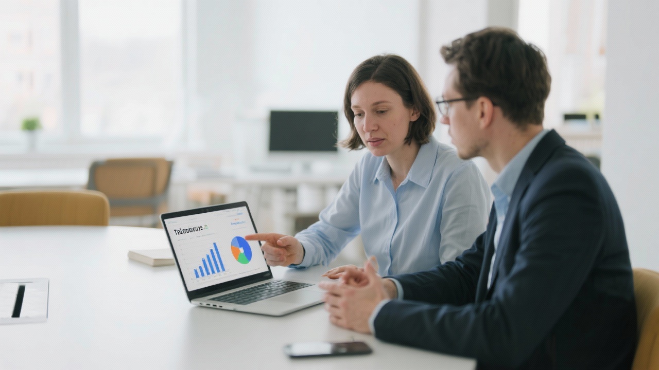 Two HR consultants discussing client requirements while reviewing talent analytics displayed on a laptop in a bright collaborative meeting space.
