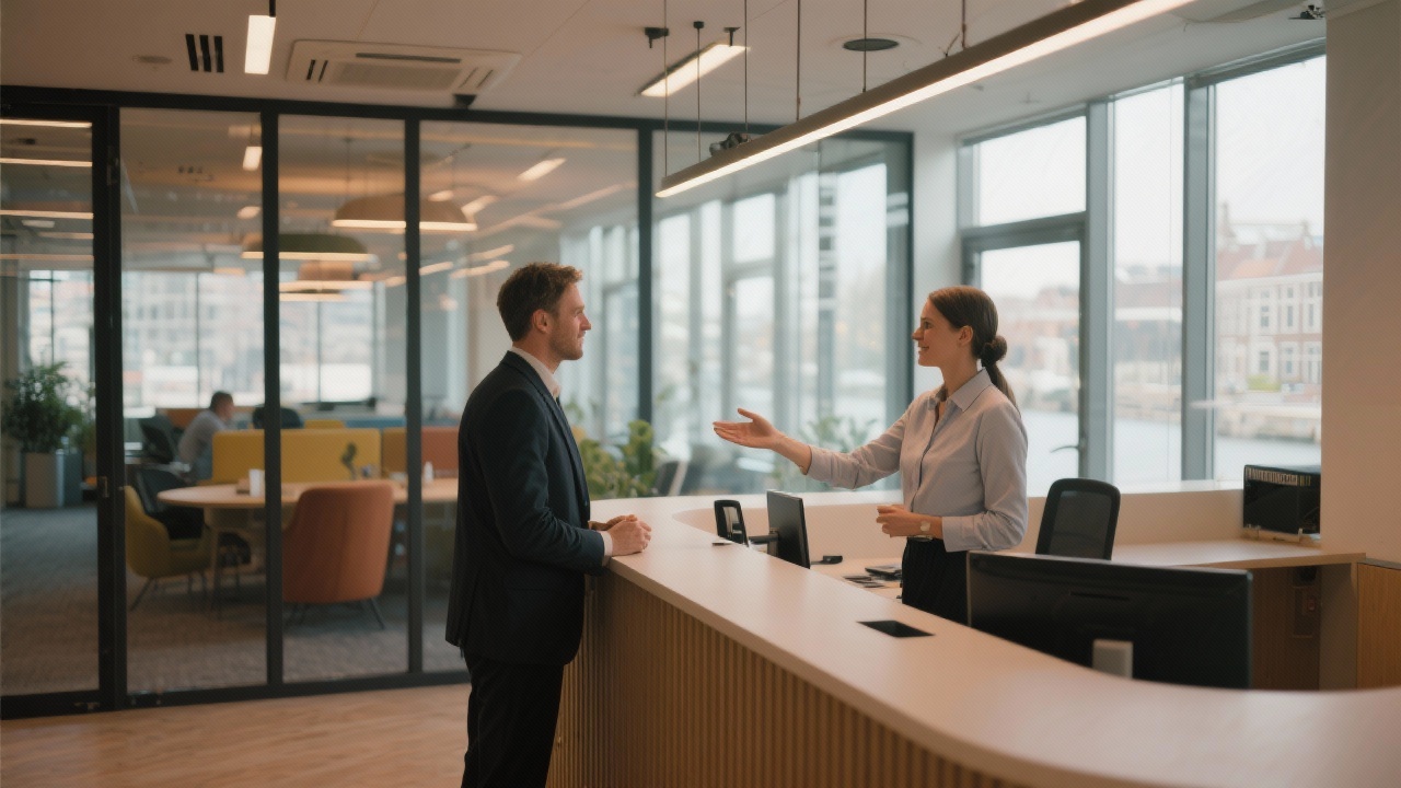 HR advisor welcoming a business visitor at the reception area of a modern Amsterdam office with large windows and warm lighting.