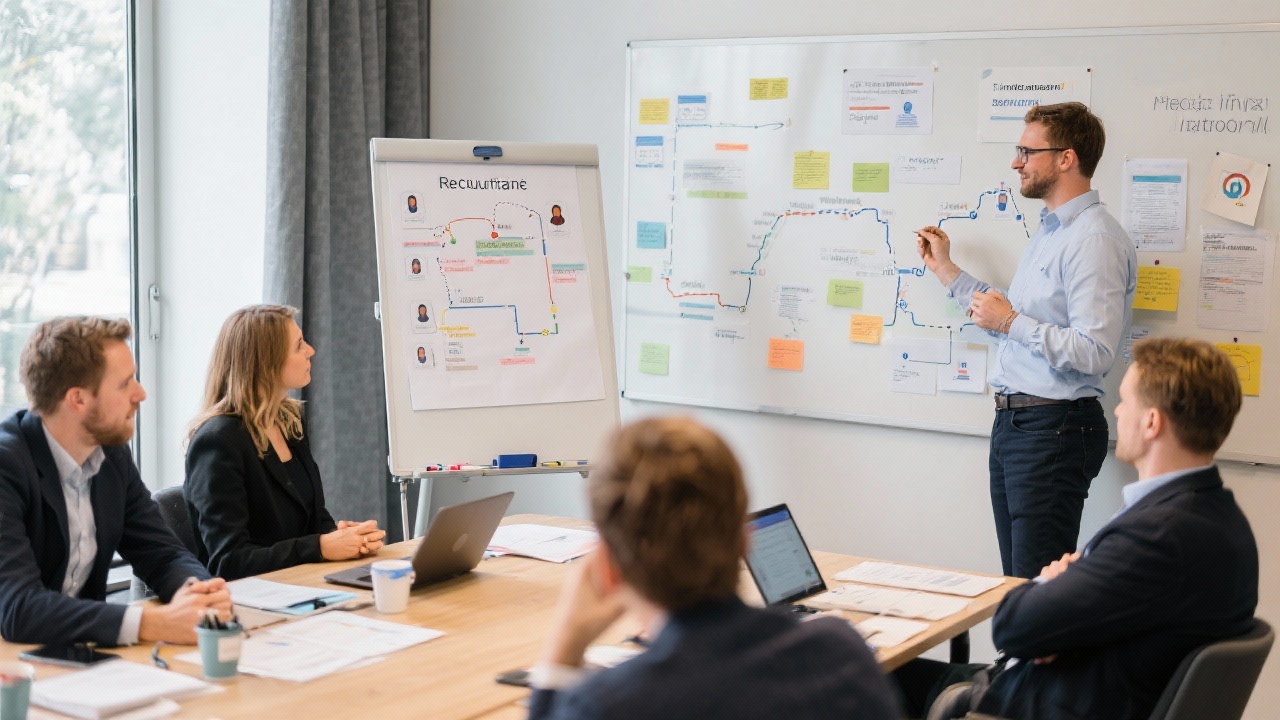 Recruitment specialists facilitating a structured hiring workshop with Dutch hiring managers using whiteboards, candidate journey maps and digital collaboration tools.